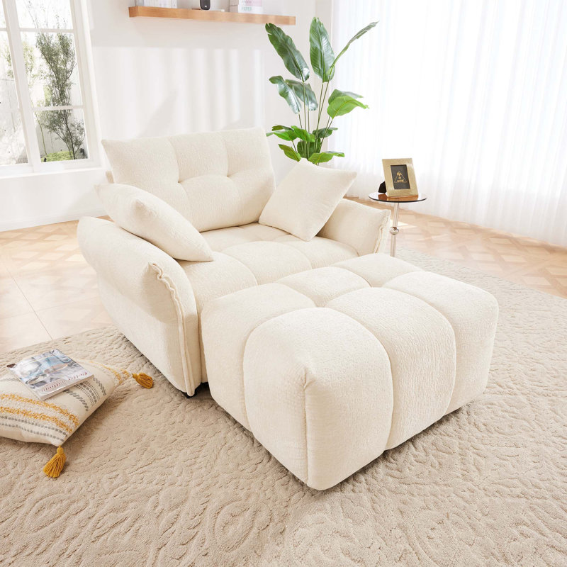 Chenille Fabric Upholstered Chair with Ottoman, White