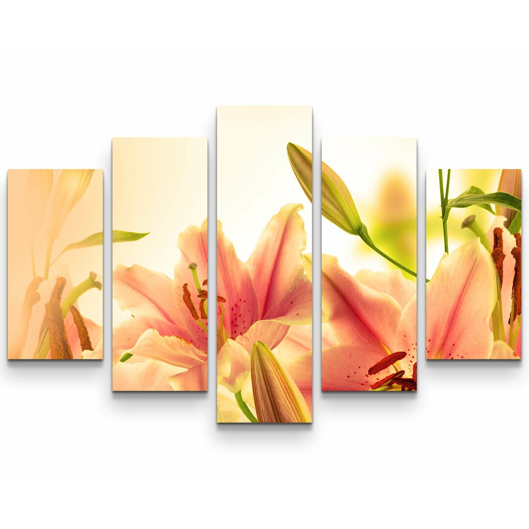 5-tlg. Leinwandbilder-Set Pink Lilies Against a Bright Background Close-Up