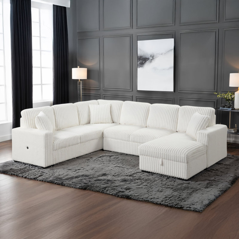 Ratasha 121" W Velvet Sleeper Sectional with Storage and USB Ports, Cream Polyester Blend;Velvet