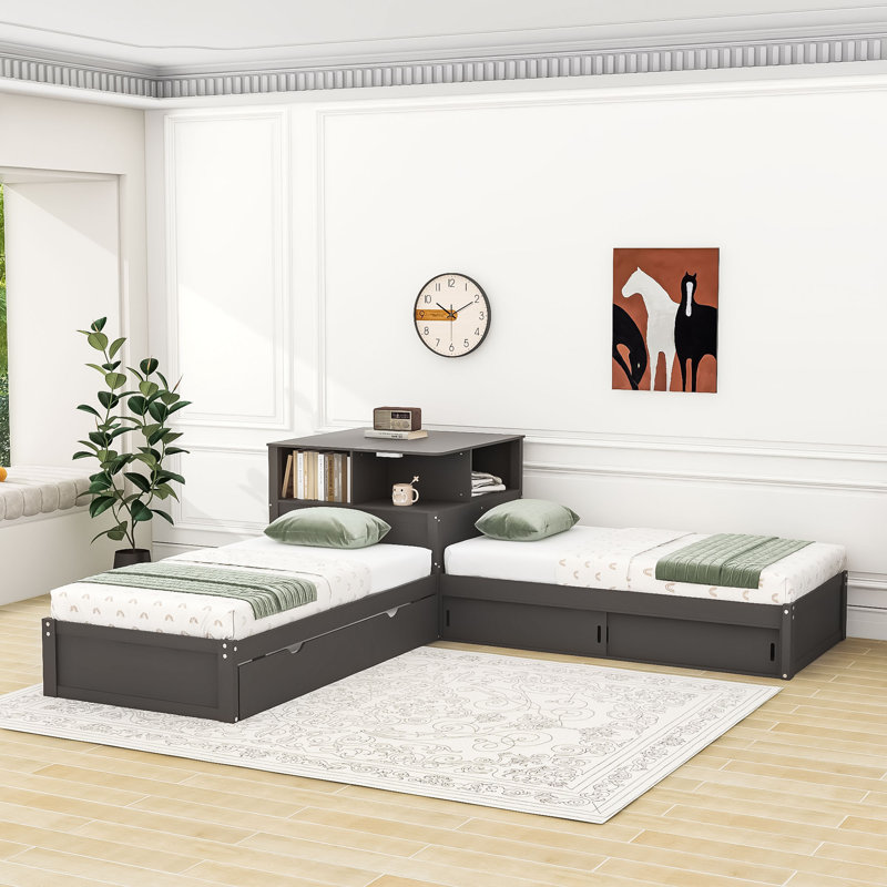 Lit plateforme avec armoires, bureau, lit gigogne et lumière DEL, gris