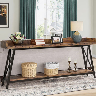 Console industrielle extra longue 70,9 pouces, canapé brun rustique avec structure en métal robuste pour les espaces étroits et une utilisation polyvalente
