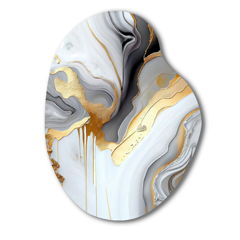 Marbre blanc et or abstrait II - décoration murale en métal de forme unique en marbre, impression d'art asymétrique moderne en métal