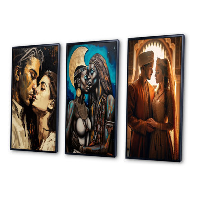 Passionate Love Portrait Retro Painting - Couple Art Set Of 3 Pieces