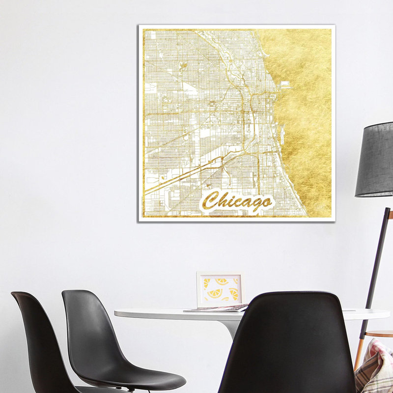 Chicago Gold Leaf Urban Blueprint Map 1 Piece Wrapped Canvas Wall Art, 93.98 cm H x 93.98 cm W x 1.91 cm D