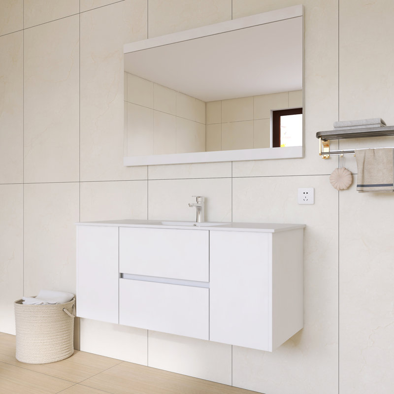Ensemble de meuble-lavabo simple 48 po avec miroir | Lavabo tout bois, évier en céramique et tiroirs à fermeture en douceur