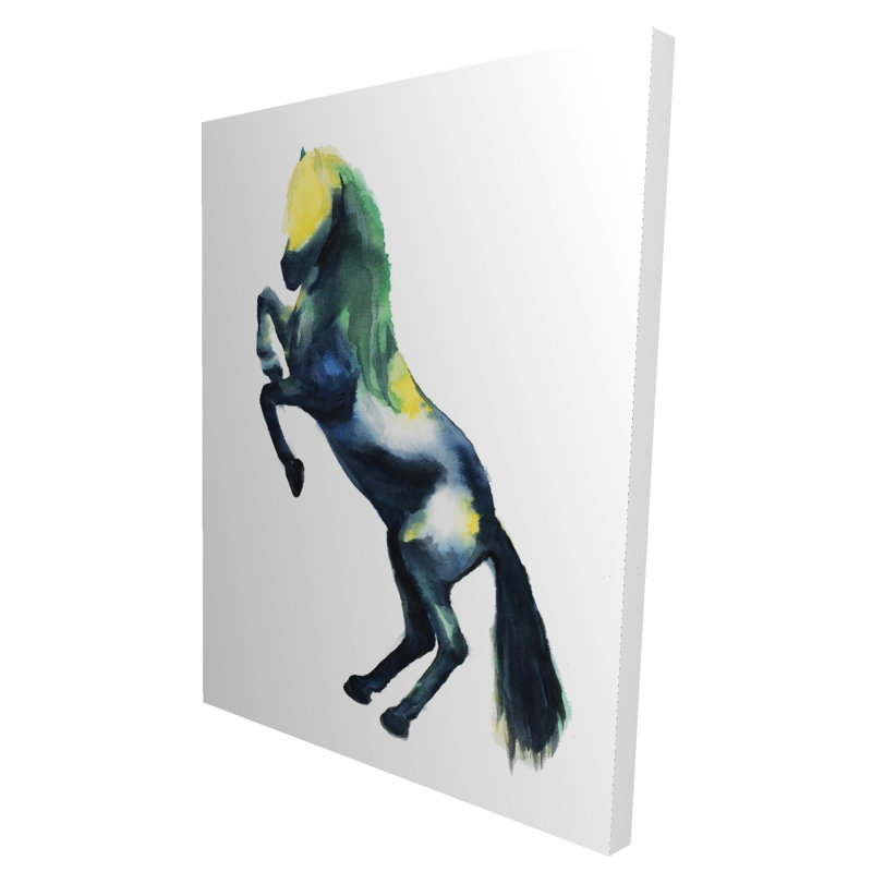 «Greeting Horse» - Toile bleue de salon pour la décoration intérieure, H 48 po x l 36 po