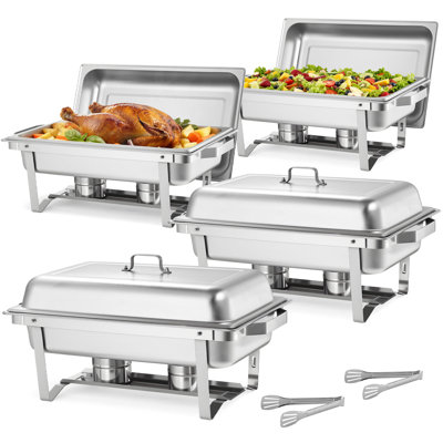 Rectangle Chafing Dish, 9 Qt 4 Pack Stainless Steel Chafing Dish, Food Warmer Chafer Complete Set with Hollow Handle, 2 Food Tongs, Lid, Canister Holder, Chafer Dishes for Banquet Party Wedding