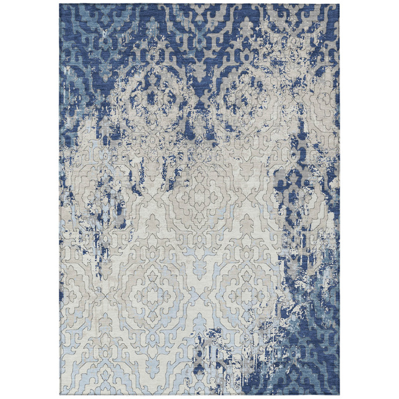 Tapis intérieur lavable 8 pi x 10 pi bleu marine beige et bleu ciel Medallion