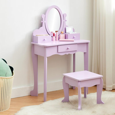 Make Up Vanity Set with Mirror and Stool Wooden Makeup Table for Ages 4 to 9 Kids Vanities Dress Up Playset for Bedroom and Playroom Furniture by Charlton Home