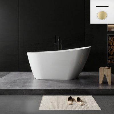 Baignoire de trempage autoportante en acrylique autoportante 60 po x 29,53 po blanc brillant avec bonde escamotable et trop-plein intégré, bonde à finition dorée brossée