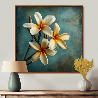 Fleur de plumeria blanc rétro bleu sarcelle I - salon d'art mural Plumeria