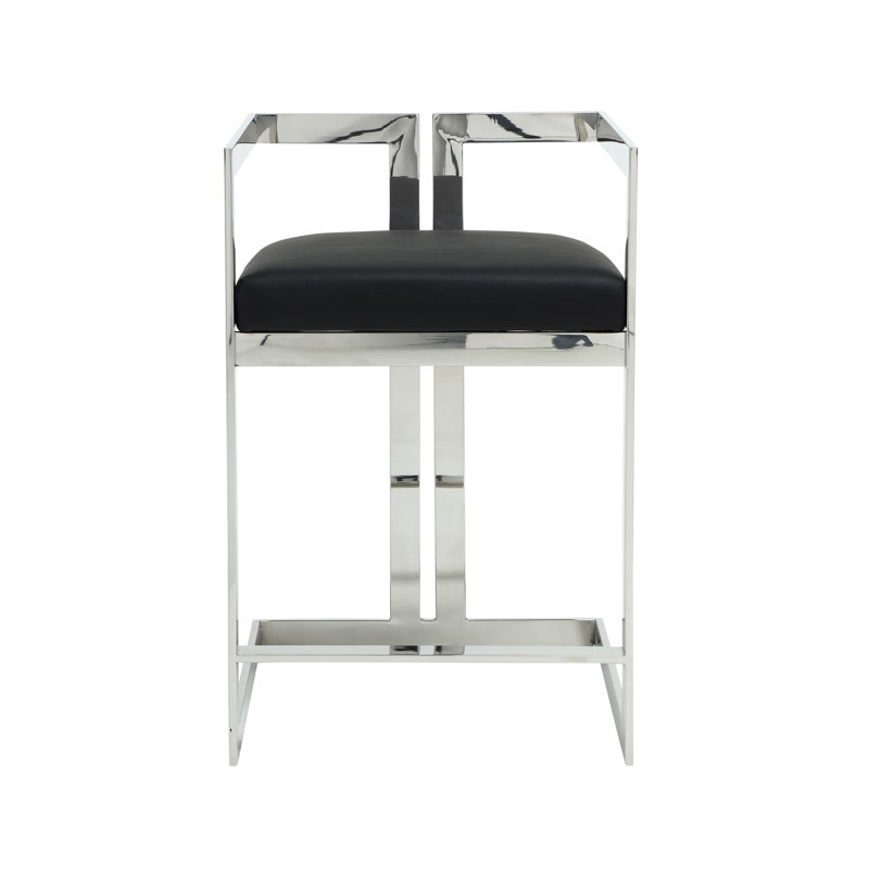 Kenzie Counter Stool with Footrest - Faux Leather Counter Stool – Modern Upholstered Counter Height Seating with Steel Metal Legs -Vegan/Faux Leather - Black and Silver Counter Stool