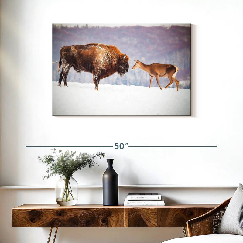 Bison et cerf en hiver, H 24 po x l 36 po