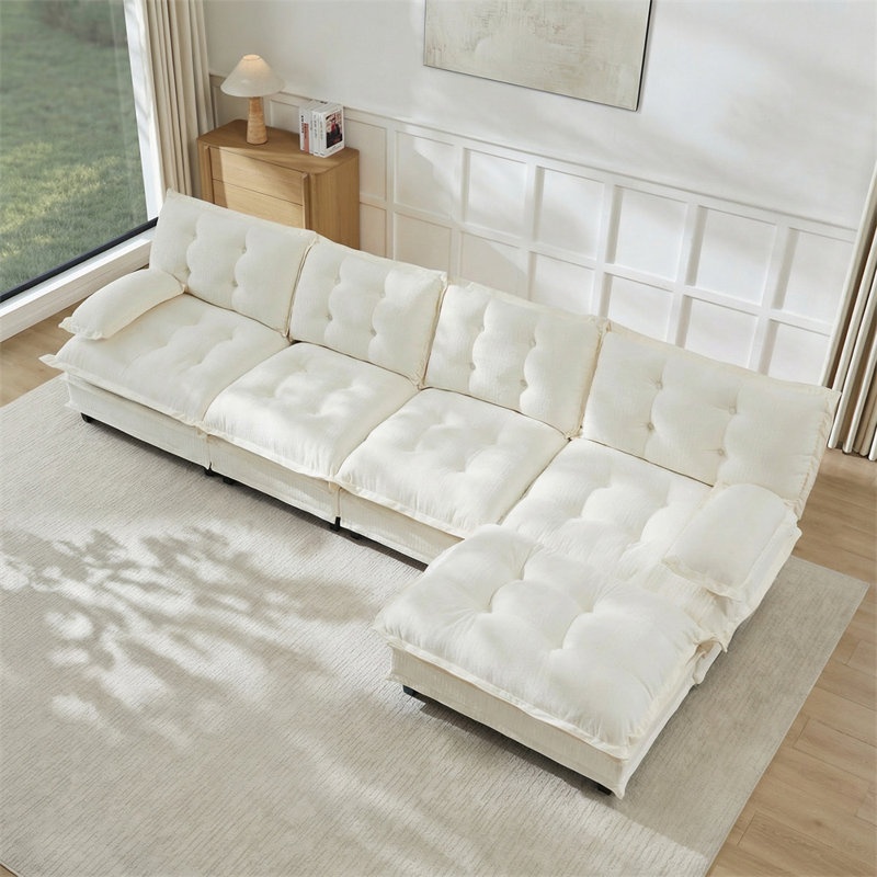 4-Seater L-Shaped Sectional, Beige Chenille