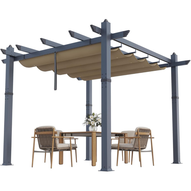 Outdoor Retractable Pergola Aluminium Pergola Canopy with Adjustable Roof, Upgraded Faux Wood Grain Modern Metal Patio Pergola for Deck, Backyard Garden, Porch, Grape Trellis