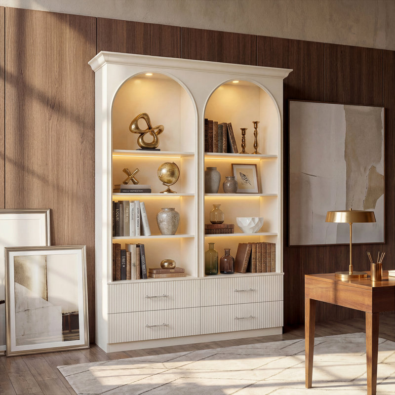 92.5" H Bookcase With Double Arched Open Shelves & 4 Drawers