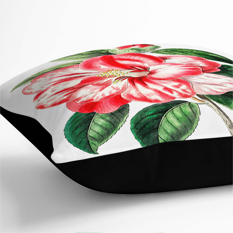 Pink Japanese Camellia Flowers Cushion with Filling, 55cm H x 55cm W x 20cm D, Black