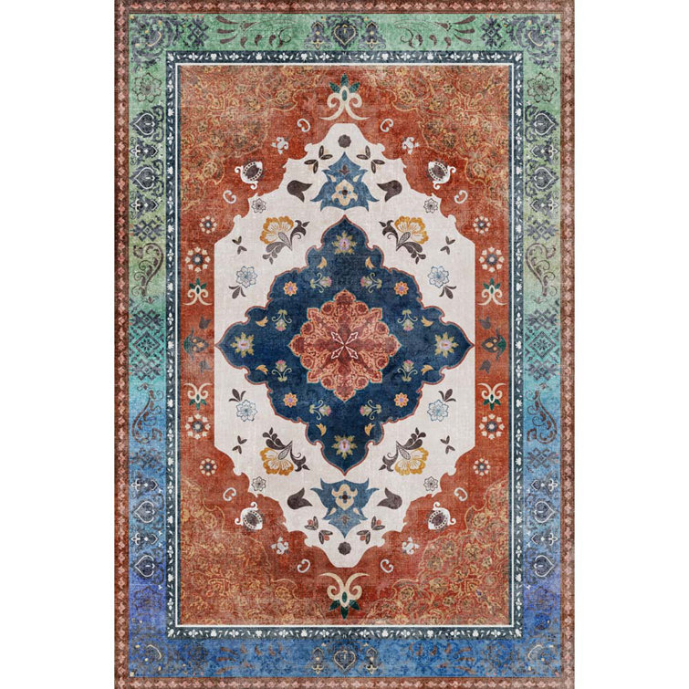 Machine Washable Indoor&Outdoor Area Rug Non-Slip Backing Red Vintage Low Pile Rug for Living Room Bedroom Dorm Hotel