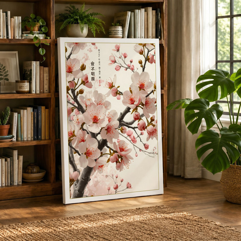 Moonlit Cherry Blossom Japandi - Wrapped Canvas, 18x12 - 45.7 x 30.5 cm, Teal Border