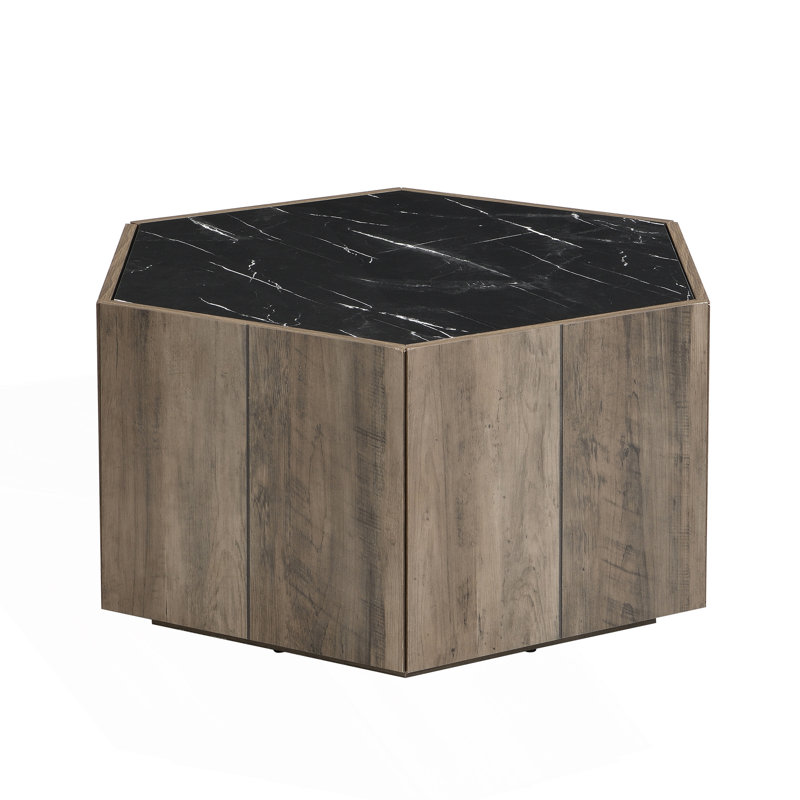 Table basse hexagonale rustique rétro avec 2 tiroirs cachés, Noir / brun clair