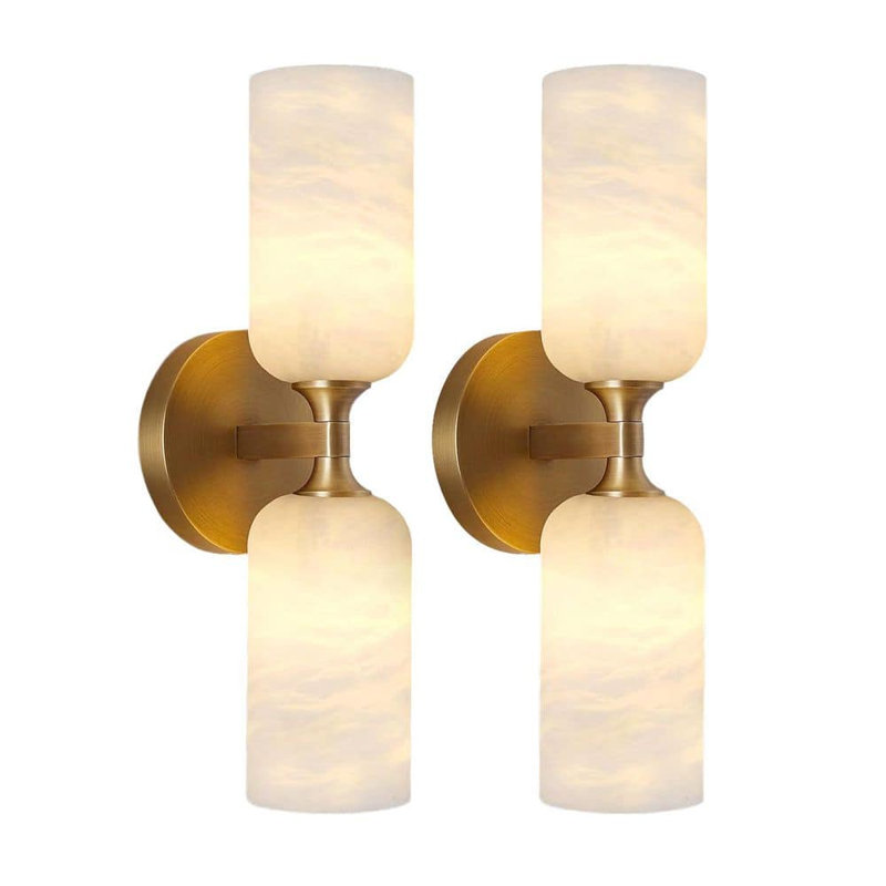 Applique murale cylindrique en laiton à 2 lumières avec abat-jour albâtre Ephraim (ensemble de 2), Brushed Brass, Set Of 2