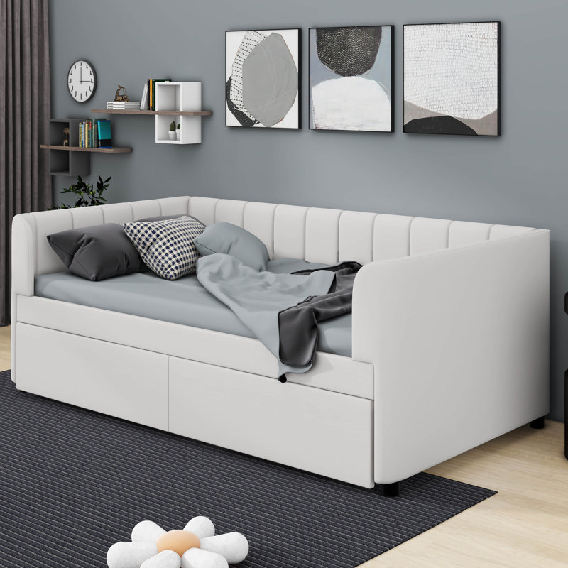 Shanav Twin Size Upholstered Daybed with Ergonomic Design Backrest and 2 Drawers, Light Gray