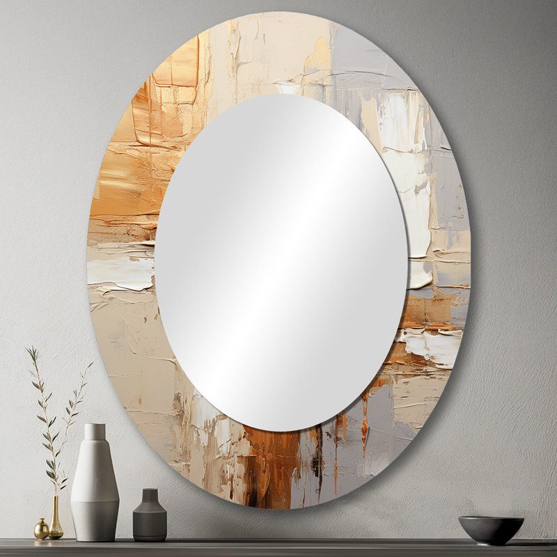 Beige Grey Geometric Collage II - Abstract Oval Decorative Mirror On Metal, 43" x 33"