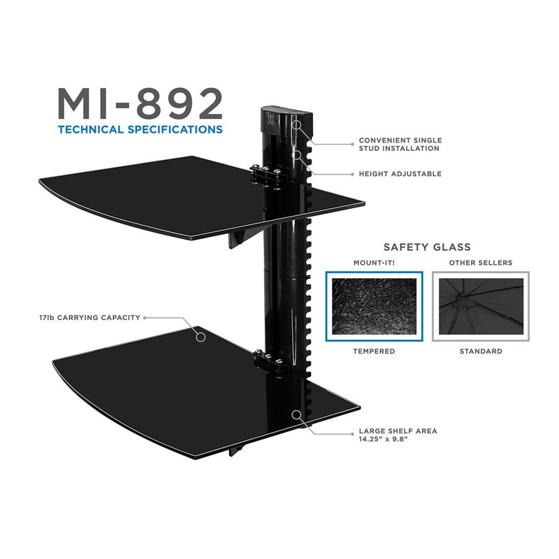 Mount-It! Black Tinted Tempered Glass Floating Two Shelves Wall Mounted Shelf with Bracket Stand