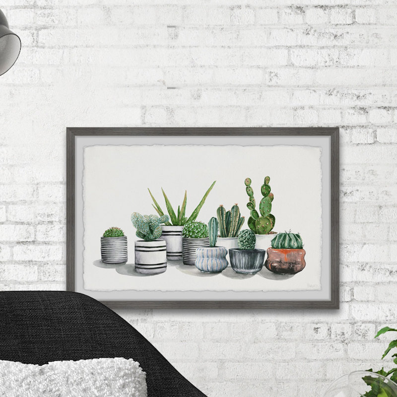 Lined Potted Cactus by Parvez Taj - Single Picture Frame Painting, 20 cm H x 30 cm W
