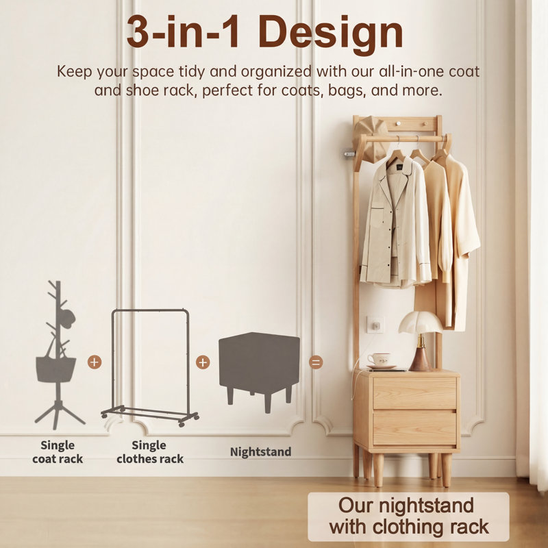 Casimir 3-in-1 Solid Wood Multifunctional Clothes Rack Nightstand: All-in-One Coat Rack, Garment Rail & Storage Cabinet, Tan