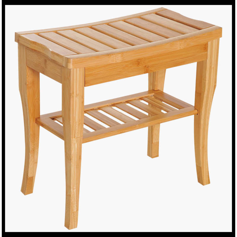 Long Bamboo Shower Bench Seat, 20" Wooden Spa Shower Stool With Underneath Storage Shelf Shoe Organizer