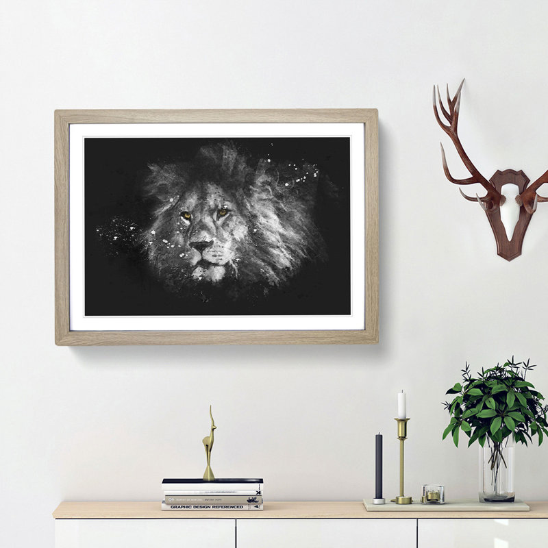 Lion With Piercing Eyes Paint Splash - Picture Frame Graphic Art, 45cm H x 63cm W x 2cm D, Oak Framed