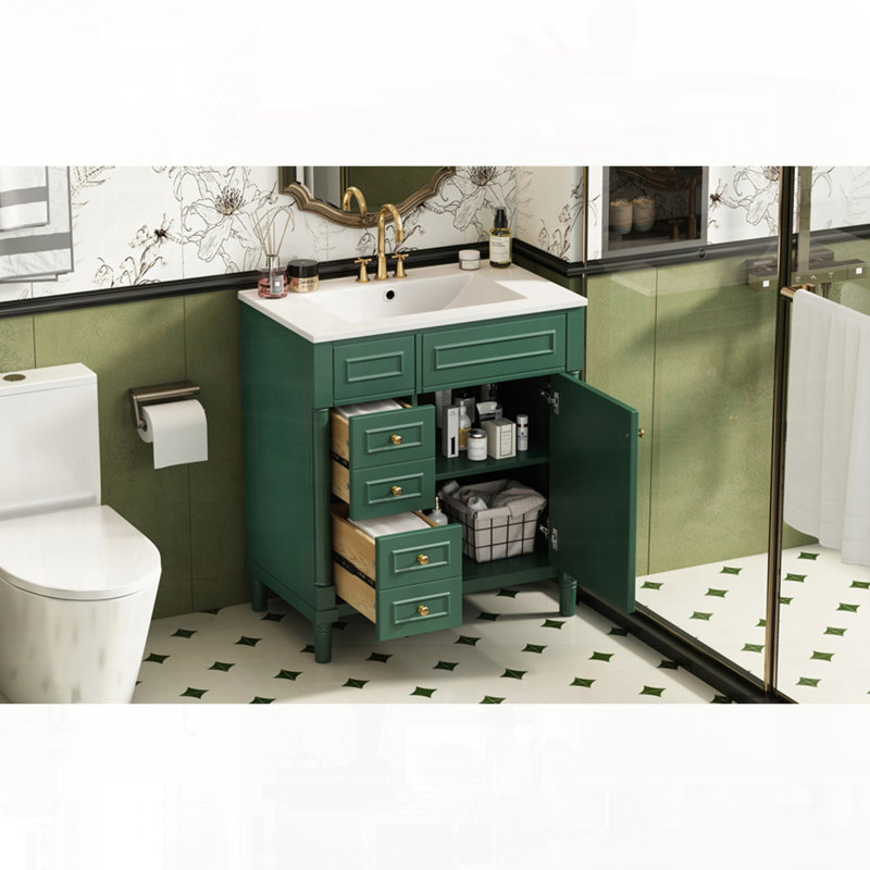 Meuble-lavabo autoportant avec lavabo avec porte à fermeture en douceur et tiroirs
