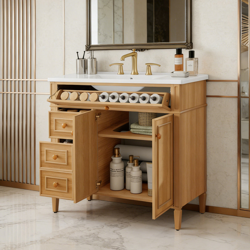 Armoire de meuble-lavabo 36 po avec lavabo en céramique, tiroir escamotable, 3 tiroirs de rangement, 2 portes à fermeture en douceur