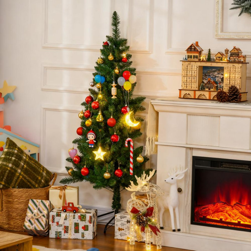Sapin de Noël artificiel demi-m (5 pieds) avec branches à ouverture automatique et base en acier – Conception murale peu encombrante pour la décoration intérieure des fêtes