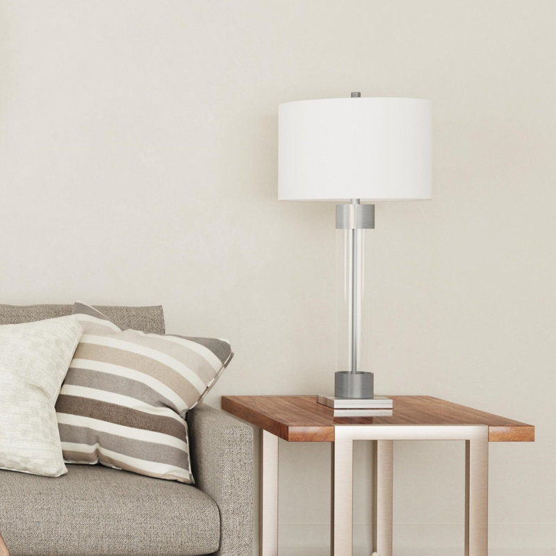 Tennison 34" Clear Glass and Brushed Nickel Table Lamp with White Linen Shade