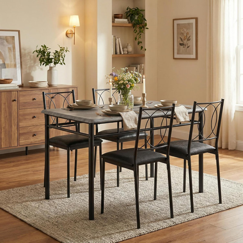 Farmhouse Dining Table Set for 4, Wood Table with Upholstered Chairs, Space-Saving, Grey, Gray