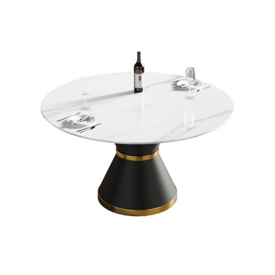 53.15"Modern Artificial Stone Round Black Carbon Steel Base Dining Table-Can Accommodate 6 People