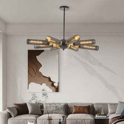 34" Modern Industrial Sputnik Chandelier, 8-Light Black And Gold Metal Pendant Light With Mesh Shades, E26 Base, Adjustable Height For Dining Room, Living Room, Or Kitchen Island (Bulb Not Included)