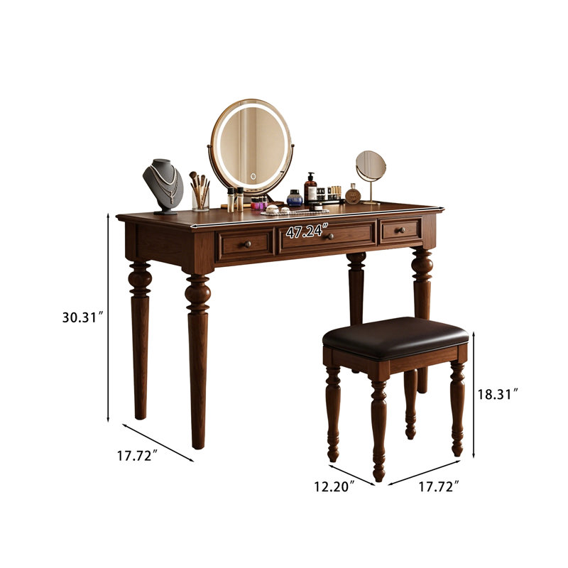 Coiffeuse vintage en chêne rouge massif avec pieds tournés, rangement à plusieurs tiroirs et tabouret rembourré, Brun