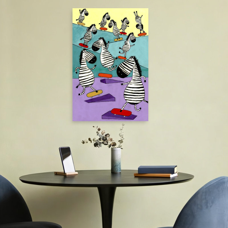 Playful Zebras Skateboarding Contemporary Zebra Wall Art Print by Carla Daly - Wrapped Canvas Print, 60.96cm H x 40.64cm W