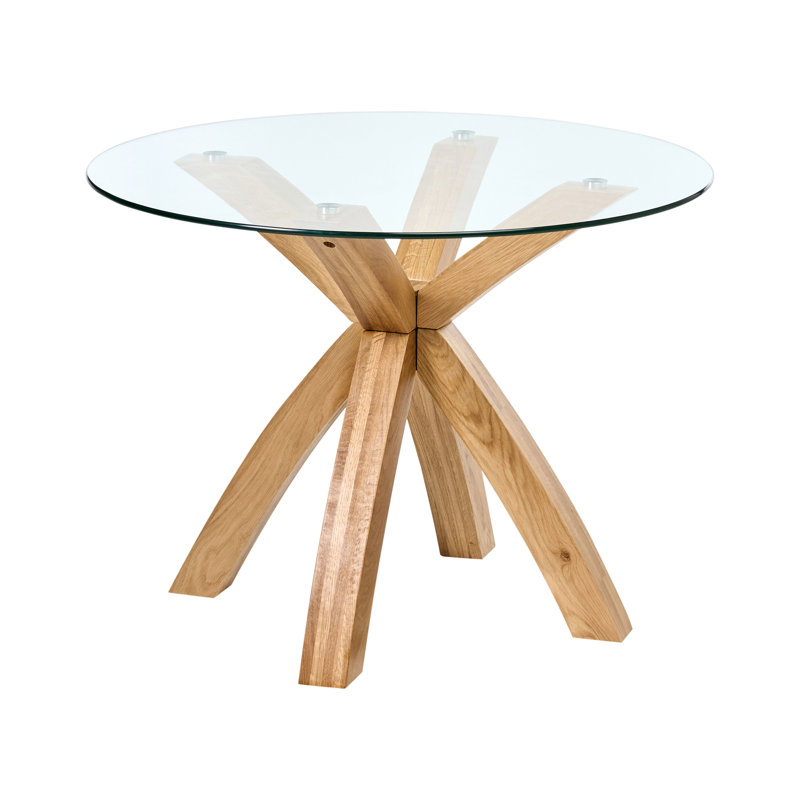 Oak Round Glass Top Solid Wood Base Dining Table
