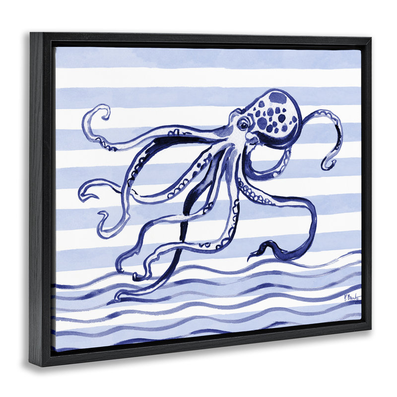 Cadre flottant Indigo Brushstroke Octopus, design par Paul Brent, Cadre flottant noir de jais, H 17 po x l 21 po
