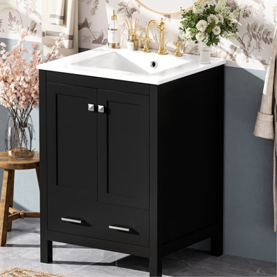 Meuble-lavabo 24 po avec lavabo encastré intégré, cloison de tiroir, portes doubles et poignées argentées pour petite armoire de rangement de salle de bain, tiroir simple en céramique, espaces compacts à fermeture en douceur