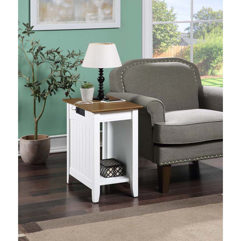 Morral Solid Wood End Table and Built-In Outlets, Driftwood/White
