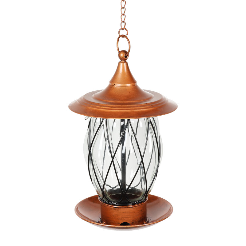 Solar Bronze Metal and Glass Hanging Bird Feeder