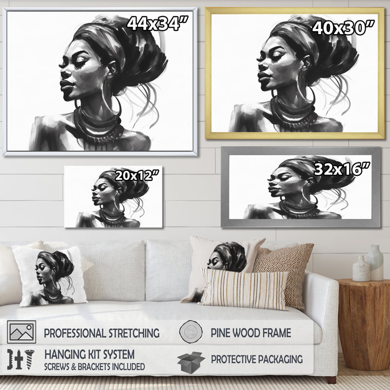 Femme afro-américaine Pierce I - Portrait, impressions sur toile, H 24 po x l 32 po x P 1 po, Cadre flottant doré
