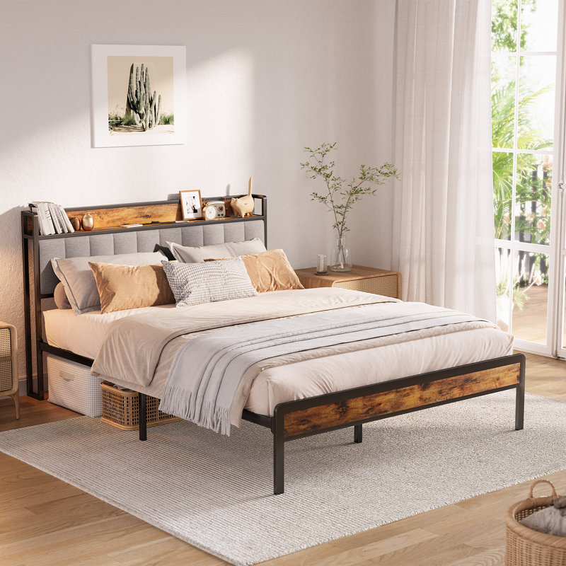 Modern Metal Platform Bed with Linen-Upholstered Storage Headboard & Open Bookcase Shelves – High Leg Design, Full / Double