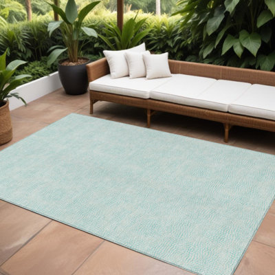 9' X 12' Aqua And Ivory Geometric Washable Indoor Outdoor Area Rug