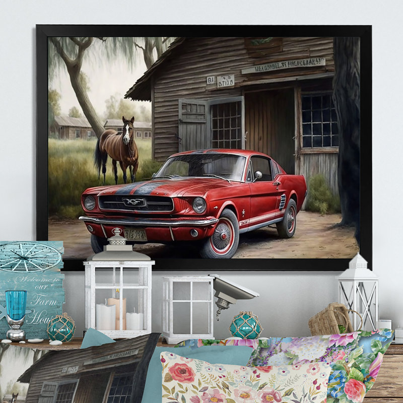 «Red Mustle Car on a Ranch», reproduction sur toile, L 20 po x H 12 po, Impression noire sur toile encadrée